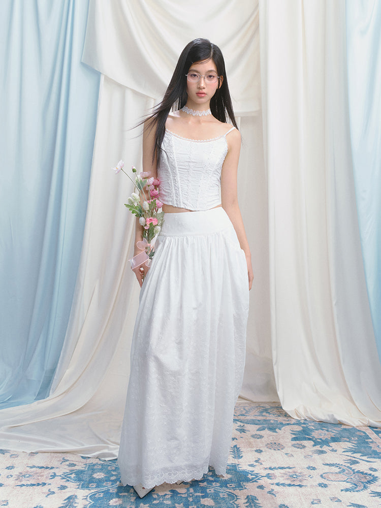 Gathered Cotton Maxi Skirt With Side Pockets