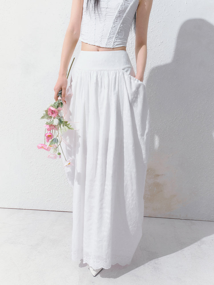 Gathered Cotton Maxi Skirt With Side Pockets