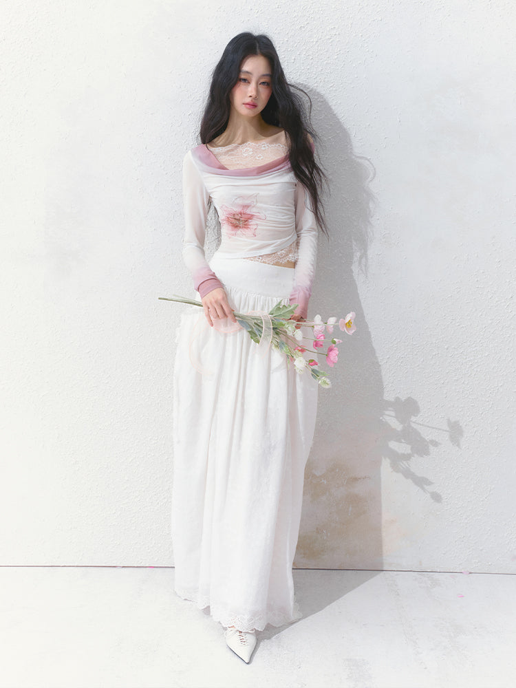 Gathered Cotton Maxi Skirt With Side Pockets