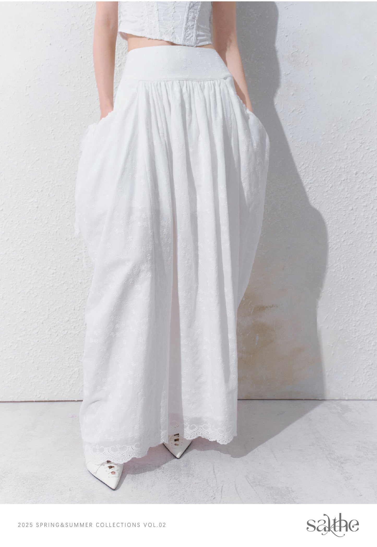 Gathered Cotton Maxi Skirt With Side Pockets