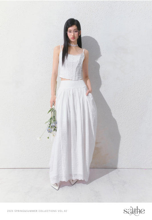 Gathered Cotton Maxi Skirt With Side Pockets