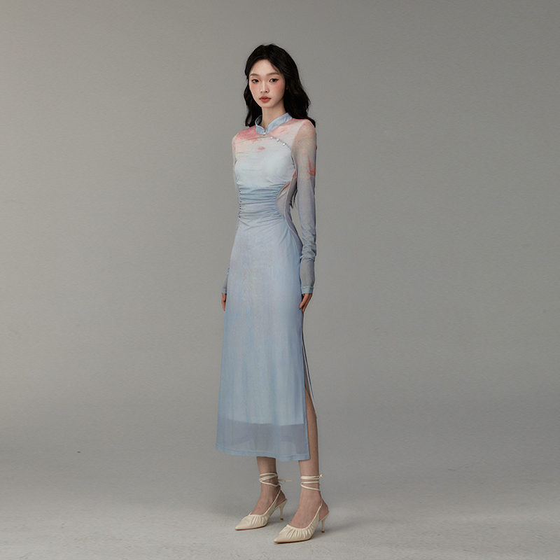Ruched Gradient Slim-Fit Qipao Style Dress
