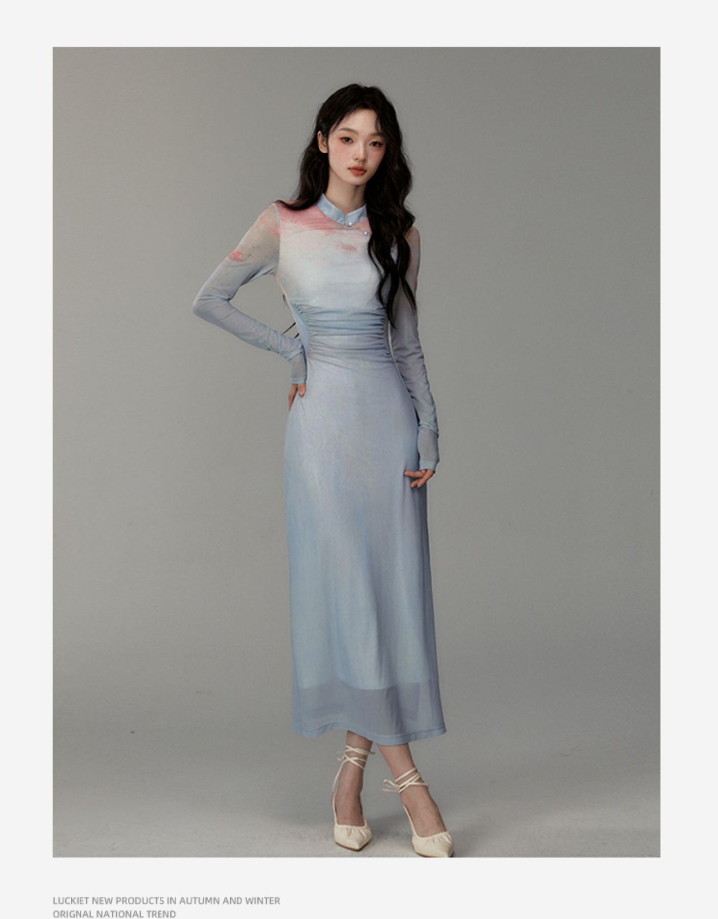 Ruched Gradient Slim-Fit Qipao Style Dress