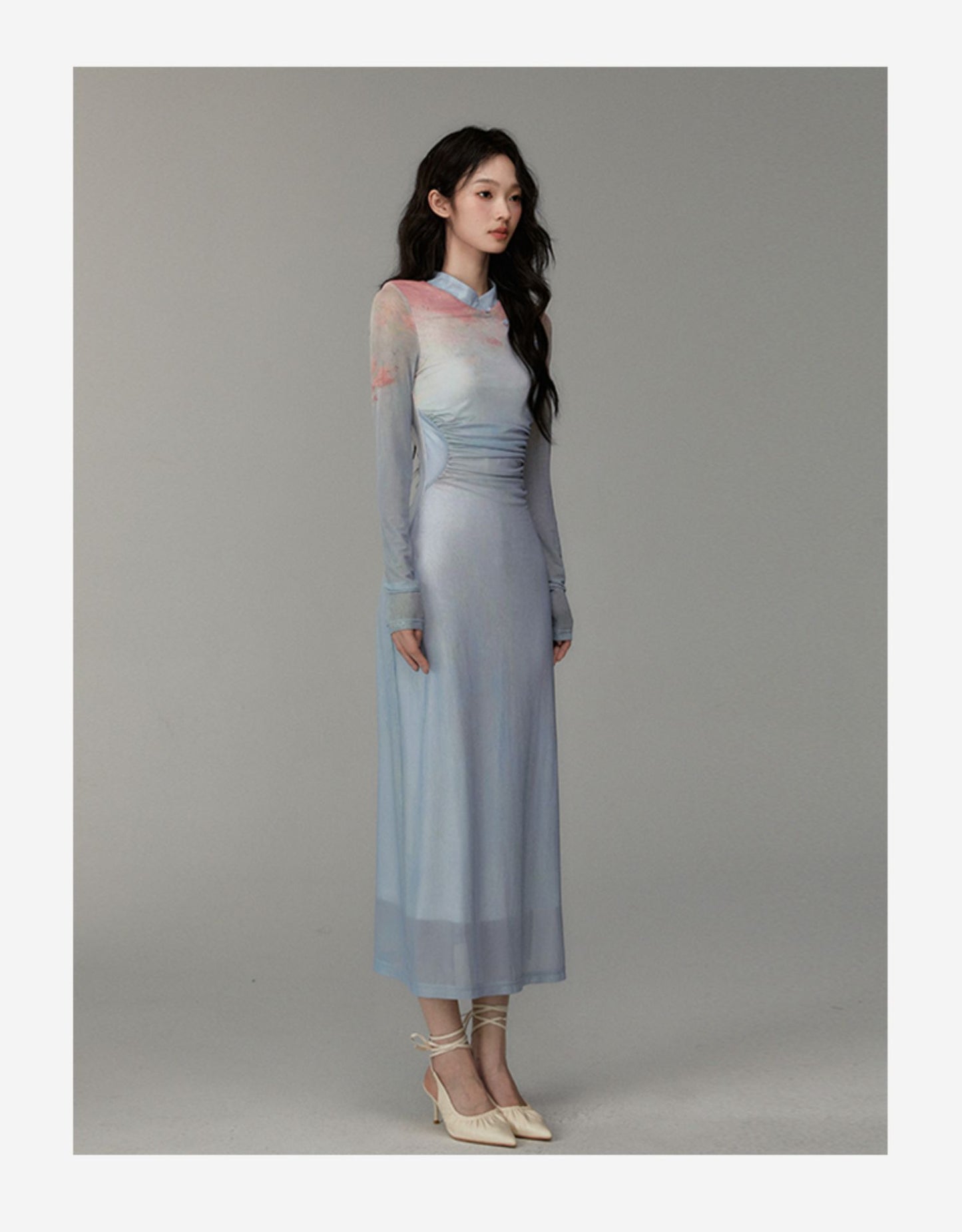 Ruched Gradient Slim-Fit Qipao Style Dress