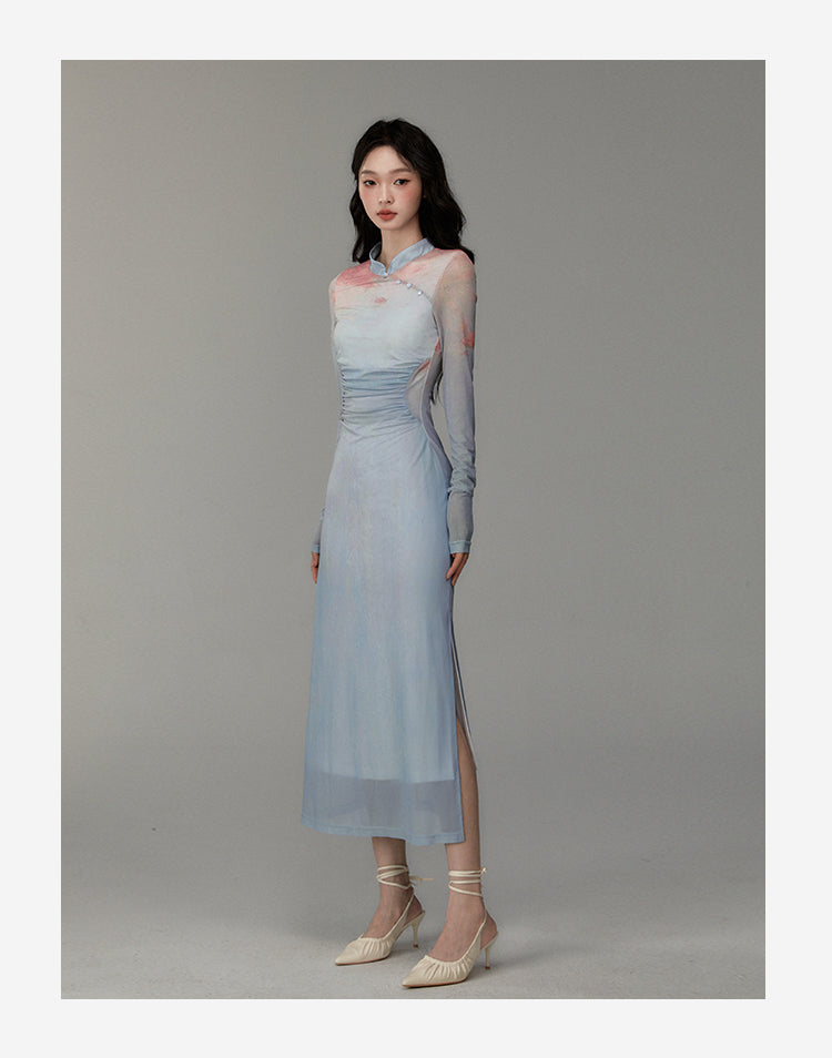 Ruched Gradient Slim-Fit Qipao Style Dress