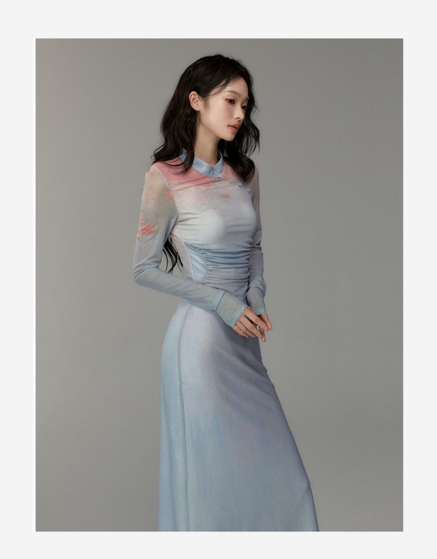 Ruched Gradient Slim-Fit Qipao Style Dress