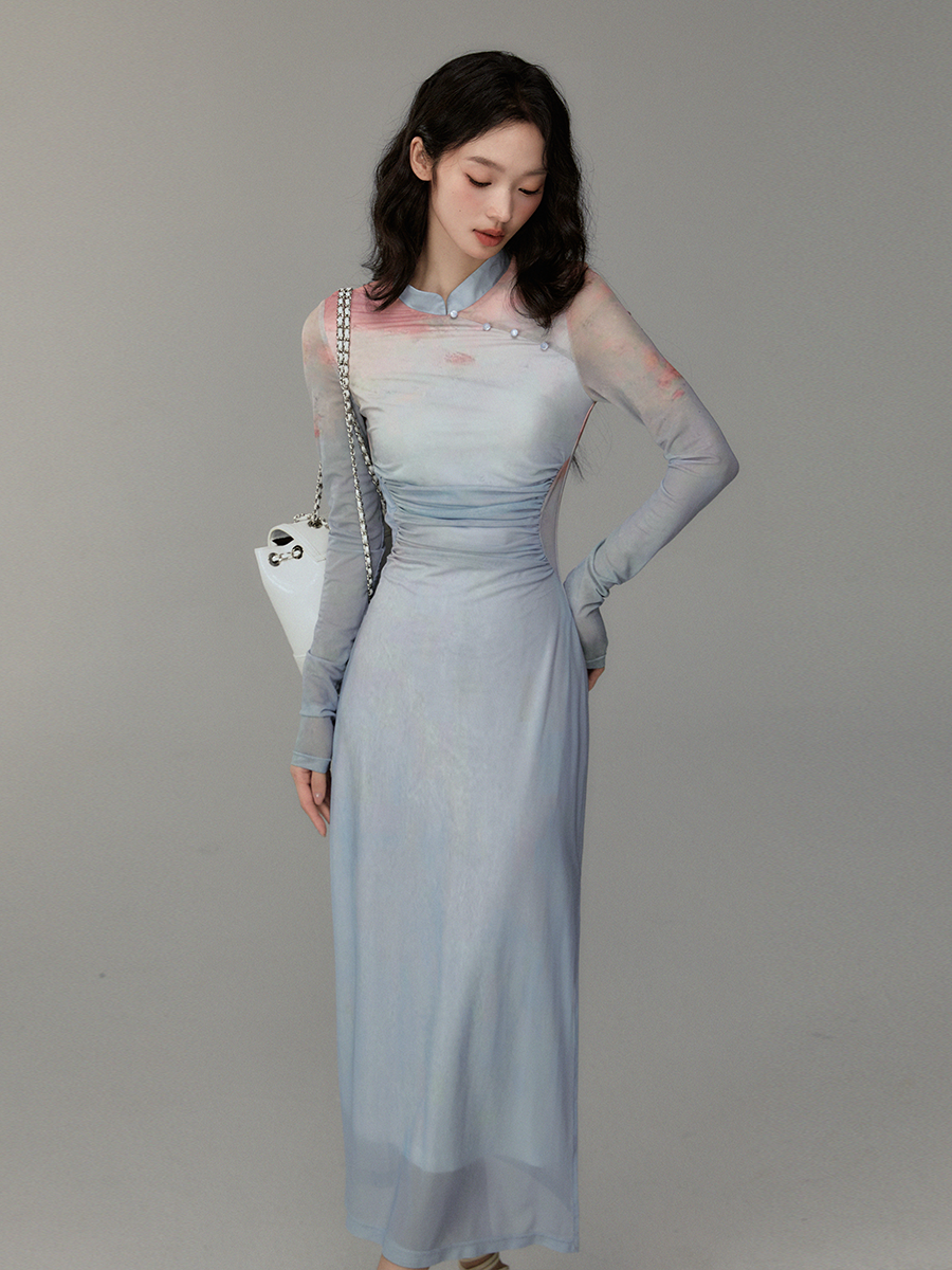 Ruched Gradient Slim-Fit Qipao Style Dress