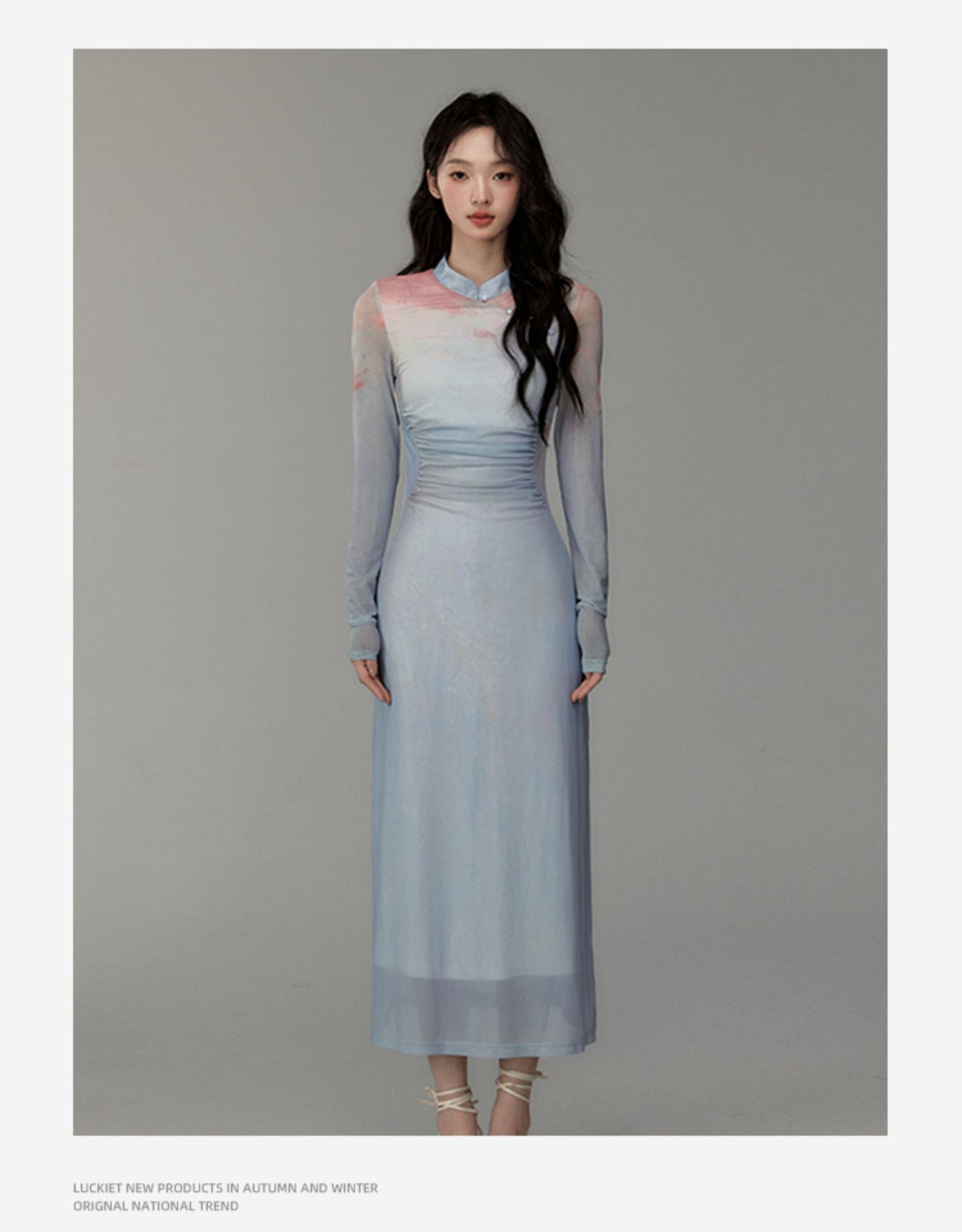 Ruched Gradient Slim-Fit Qipao Style Dress