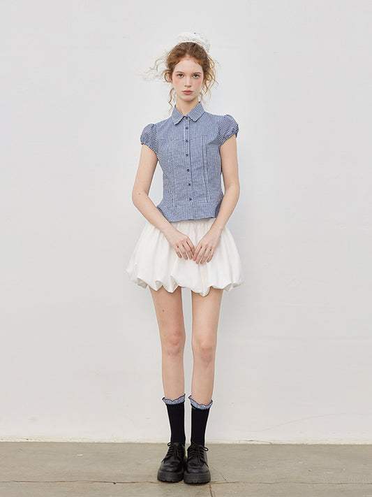 Short Puff-Sleeve Button-Front Blouse