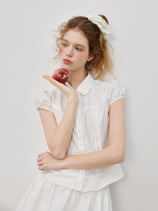 Short Puff-Sleeve Button-Front Blouse