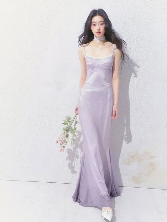 Printed Fitted Slip Dress With Lace Trim