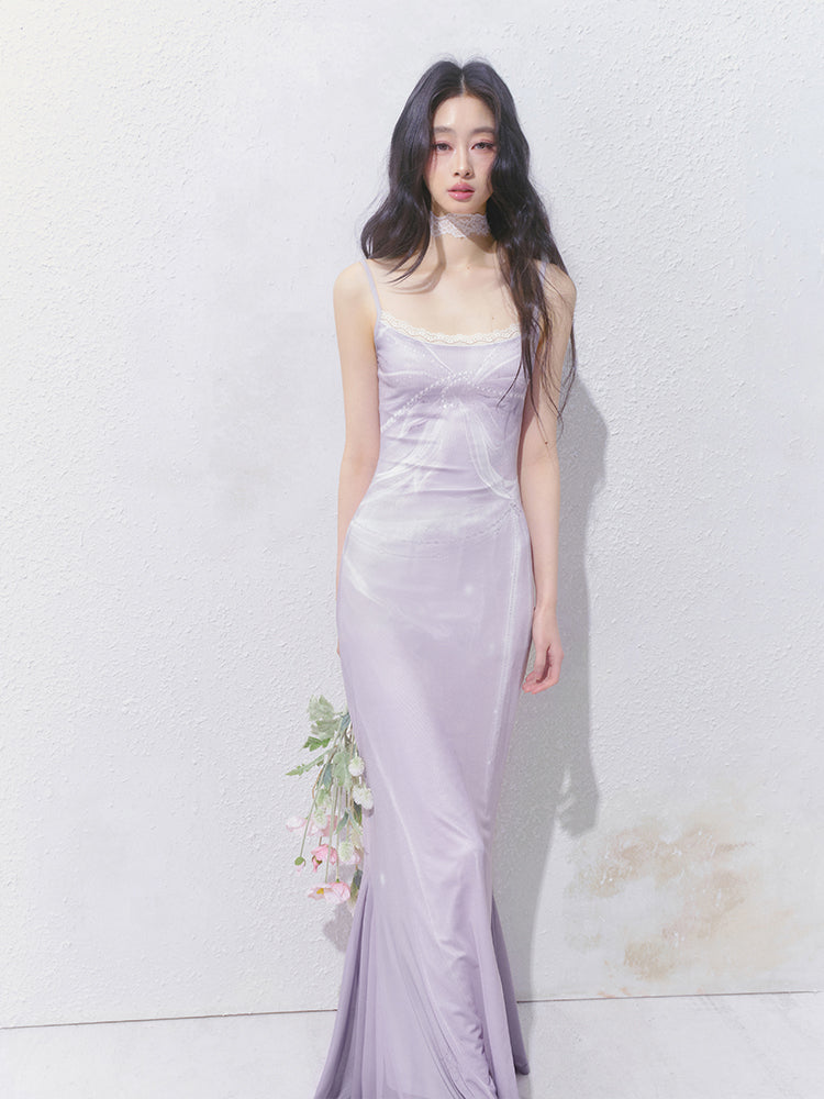 Printed Fitted Slip Dress With Lace Trim