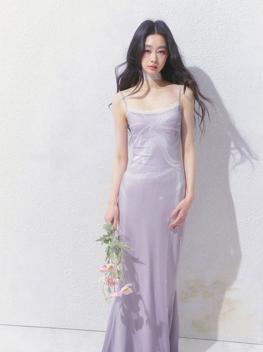 Printed Fitted Slip Dress With Lace Trim