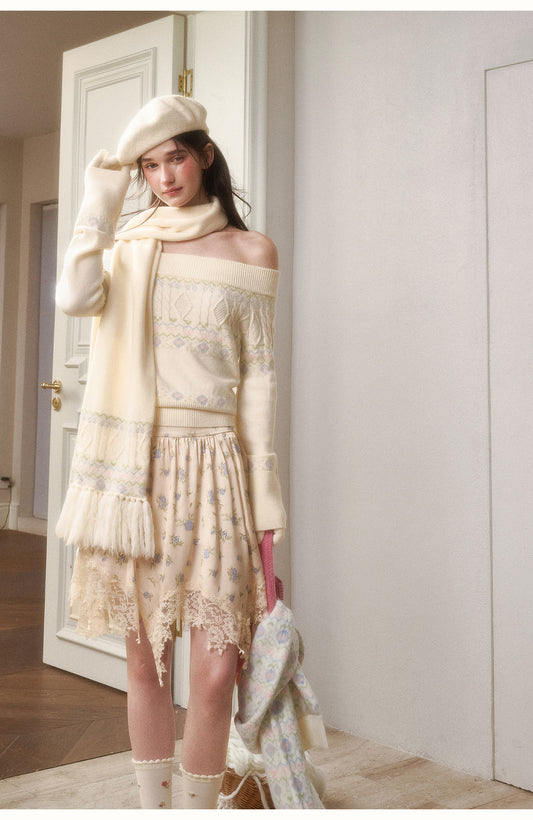 Off-Shoulder Fair Isle Sweater, Floral Skirt & Scarves