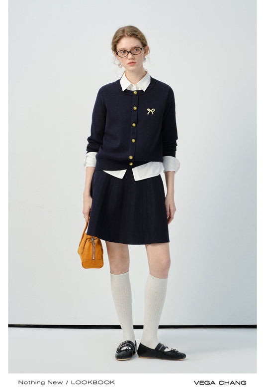 Bow Brooch Accent Knitted Cardigan And Pleated Skirt