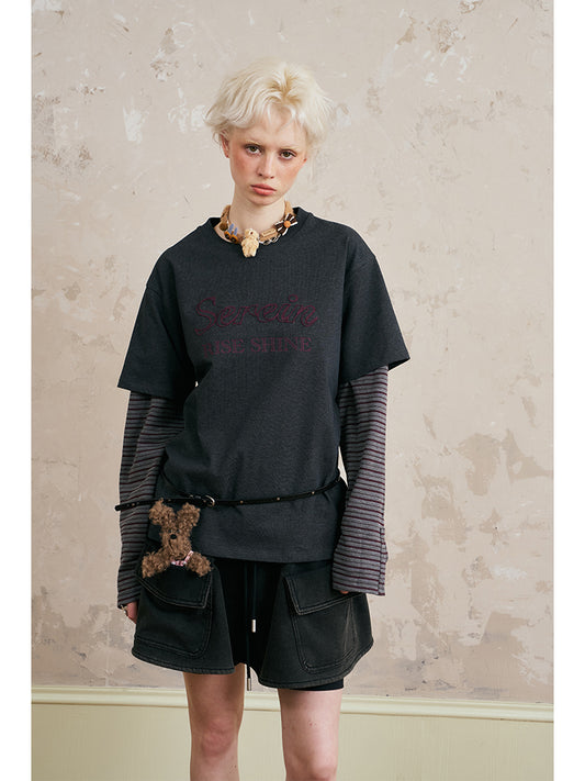 Striped Sleeve Embroidered Letter T-Shirt