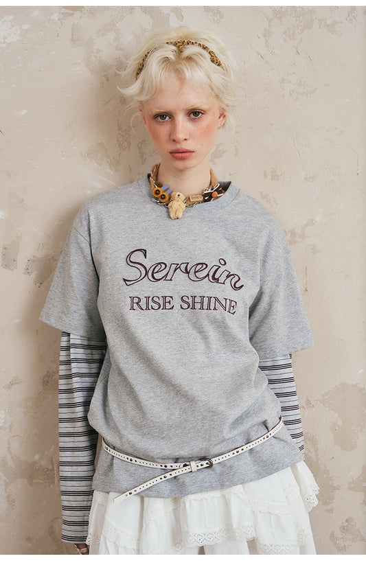 Striped Sleeve Embroidered Letter T-Shirt