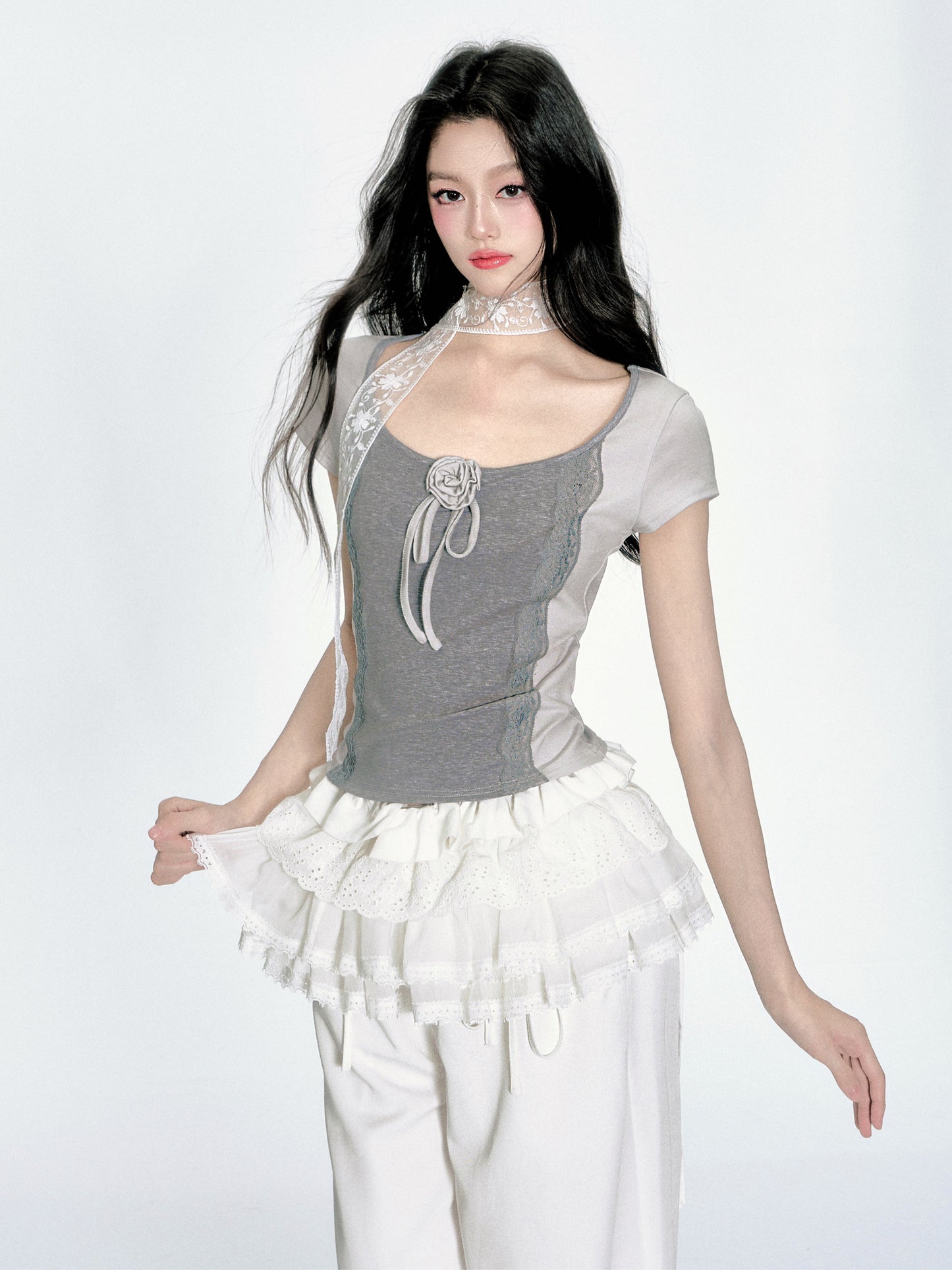 Floral-Accent Two-Tone Scoop Neck Top