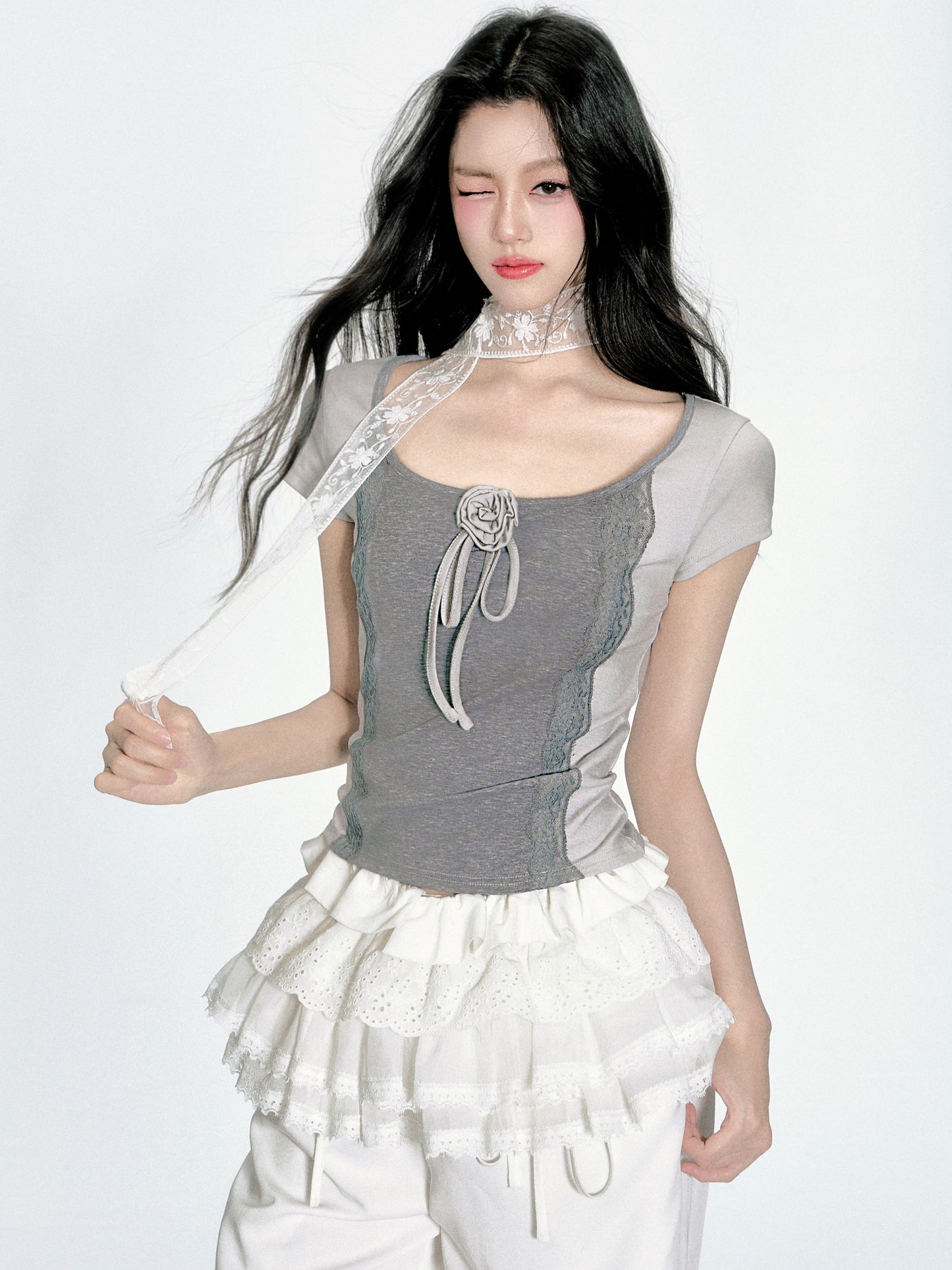 Floral-Accent Two-Tone Scoop Neck Top