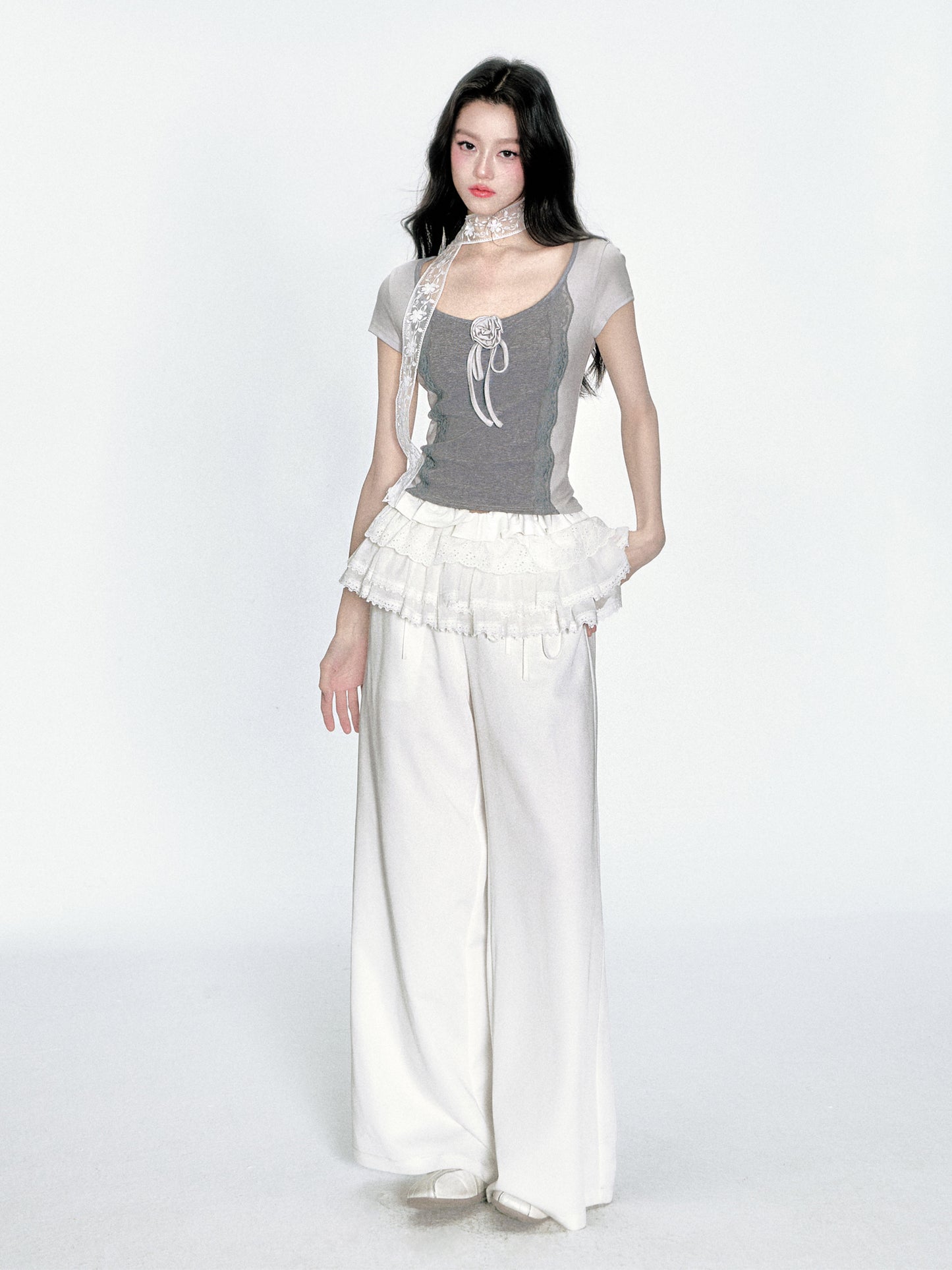 Floral-Accent Two-Tone Scoop Neck Top