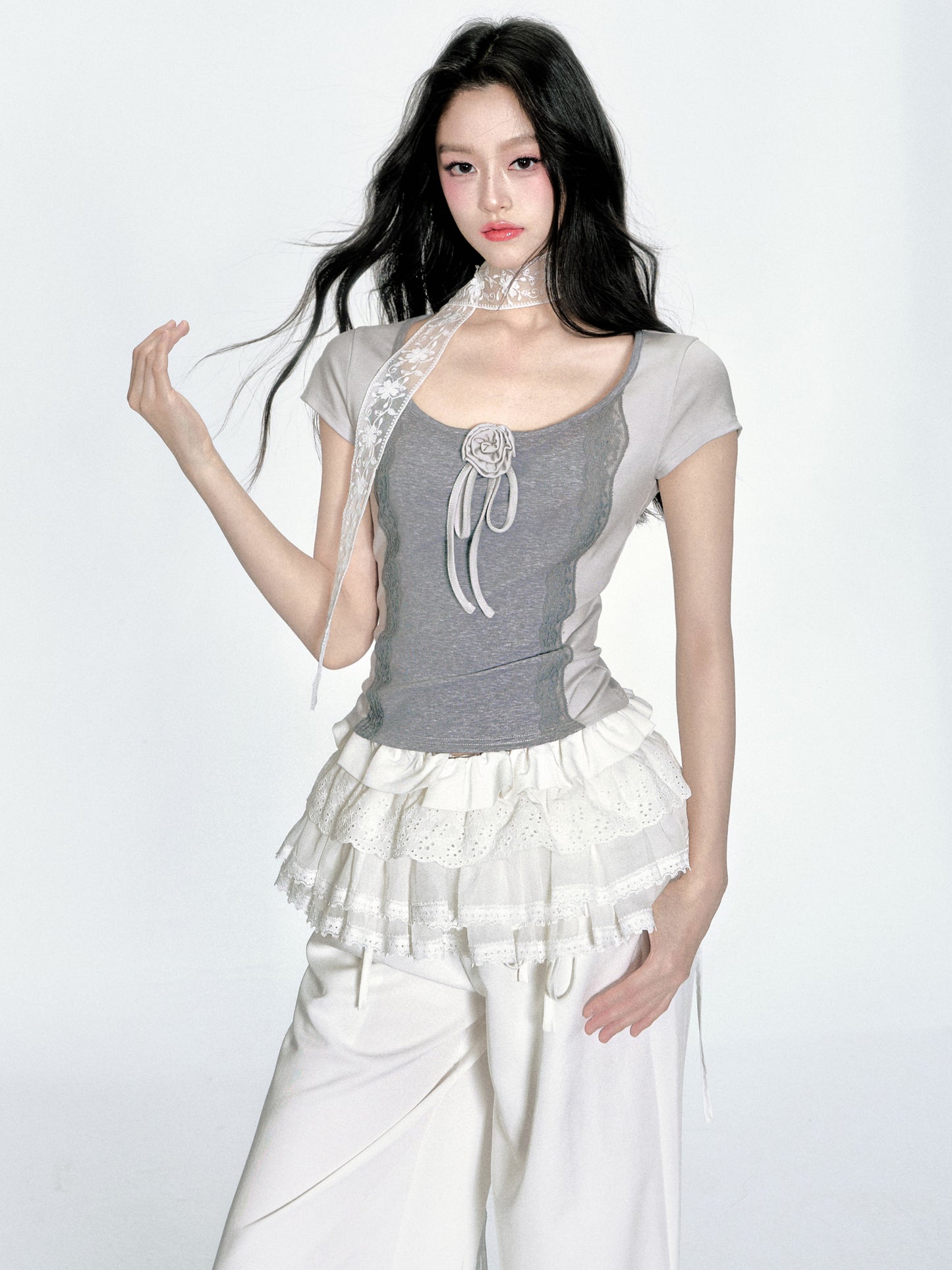 Floral-Accent Two-Tone Scoop Neck Top