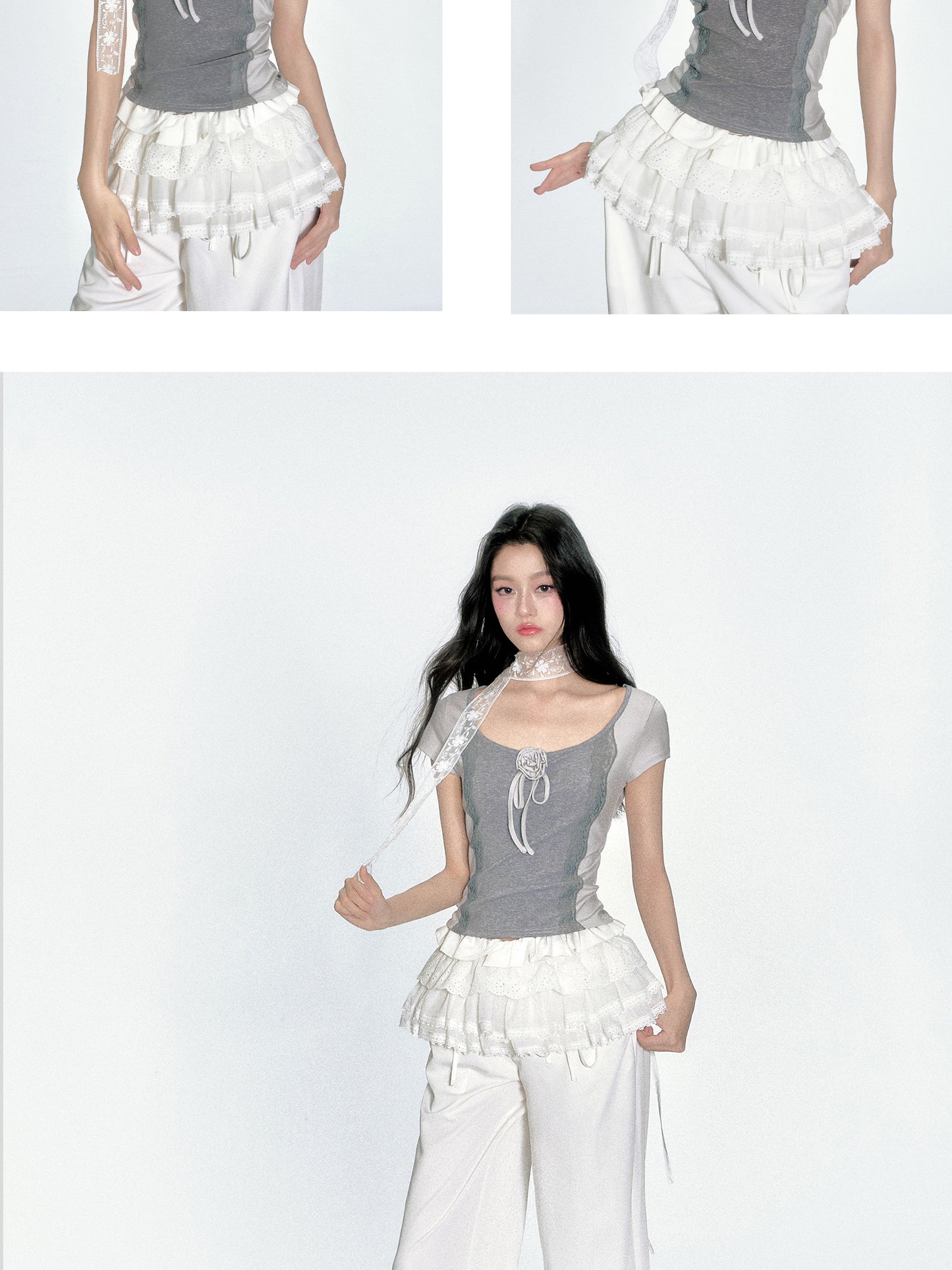 Floral-Accent Two-Tone Scoop Neck Top