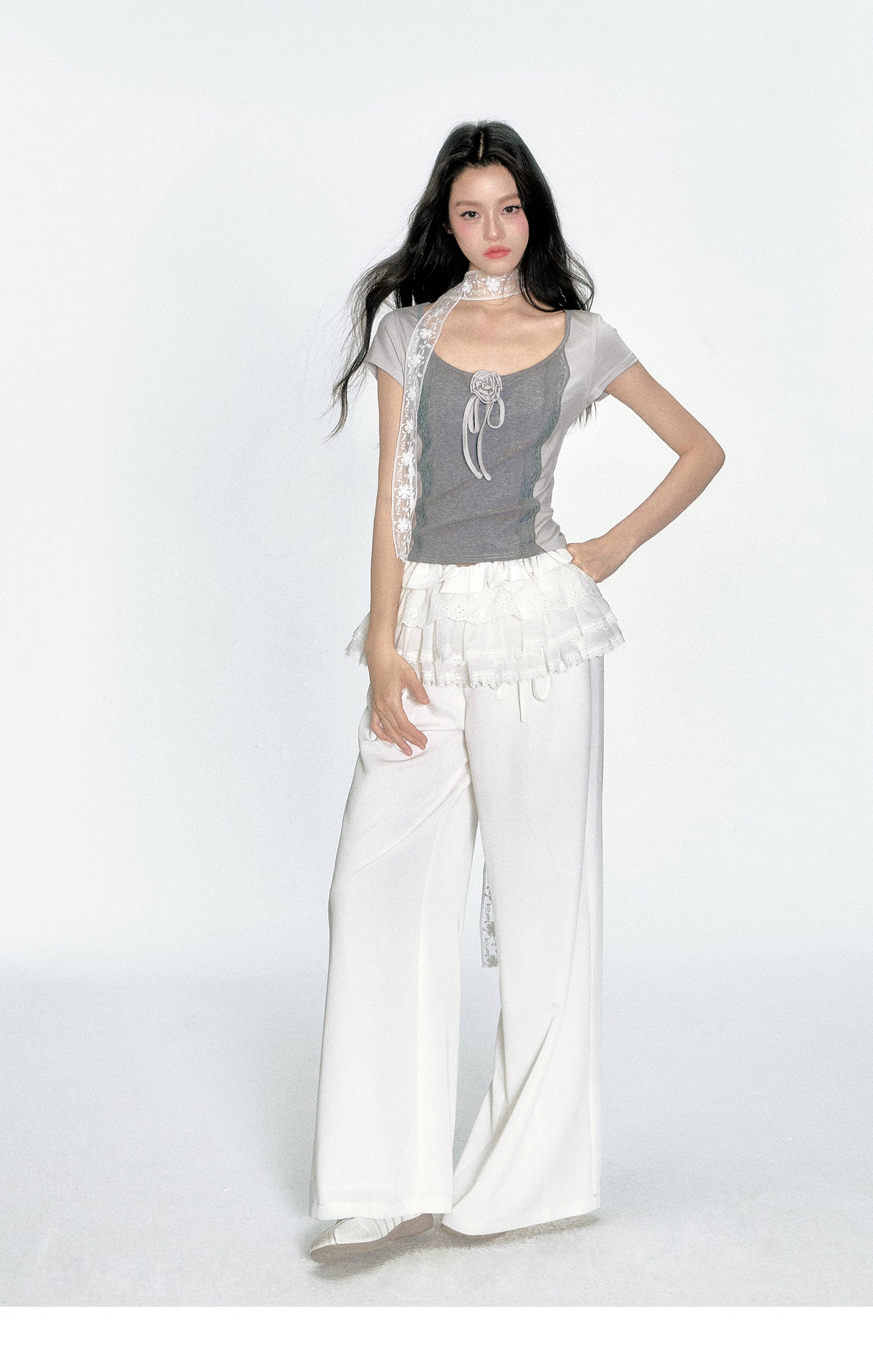 Floral-Accent Two-Tone Scoop Neck Top