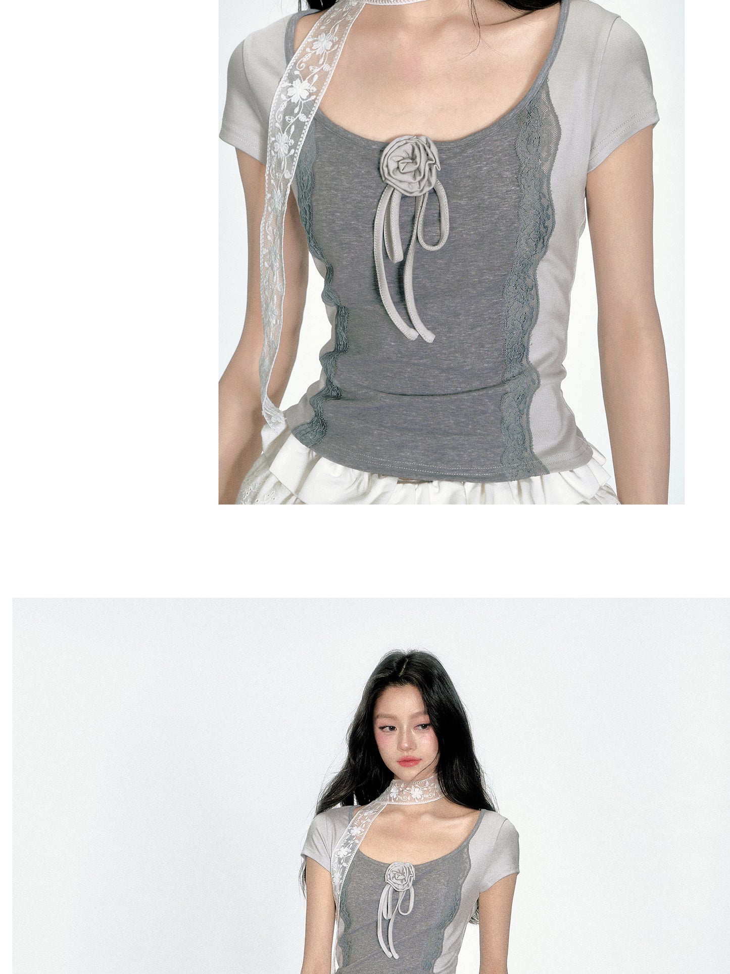 Floral-Accent Two-Tone Scoop Neck Top