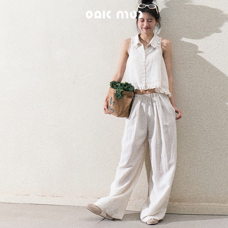 A-Line Frill Trim Button Top & Wide-Leg Pants