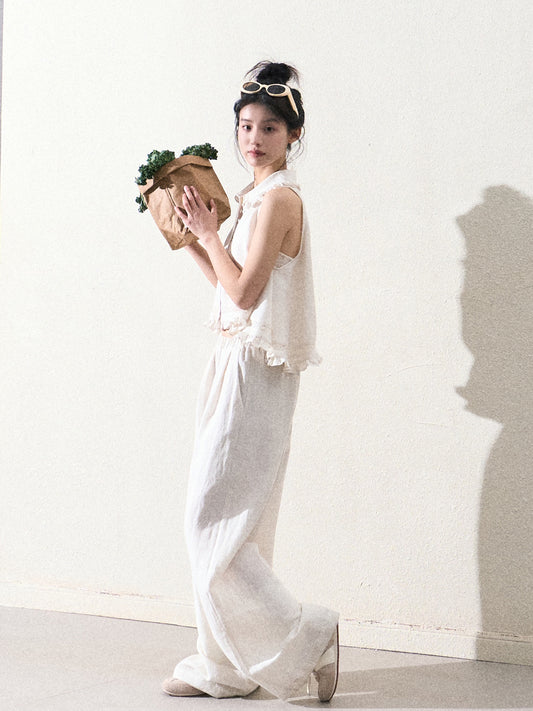 A-Line Frill Trim Button Top & Wide-Leg Pants