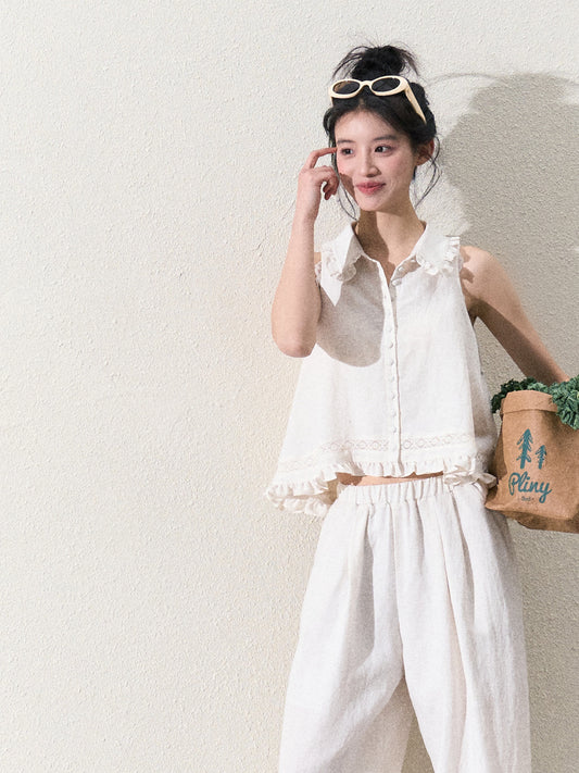 A-Line Frill Trim Button Top & Wide-Leg Pants