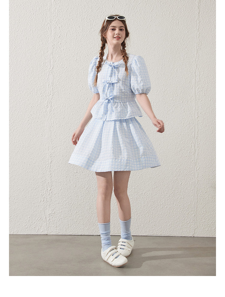 Tie-Front Seersucker Gingham Blouse And Skirt