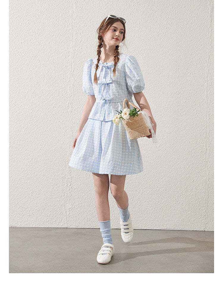 Tie-Front Seersucker Gingham Blouse And Skirt