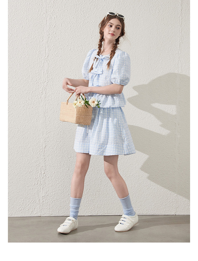 Tie-Front Seersucker Gingham Blouse And Skirt