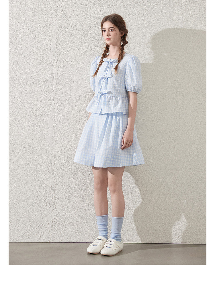 Tie-Front Seersucker Gingham Blouse And Skirt