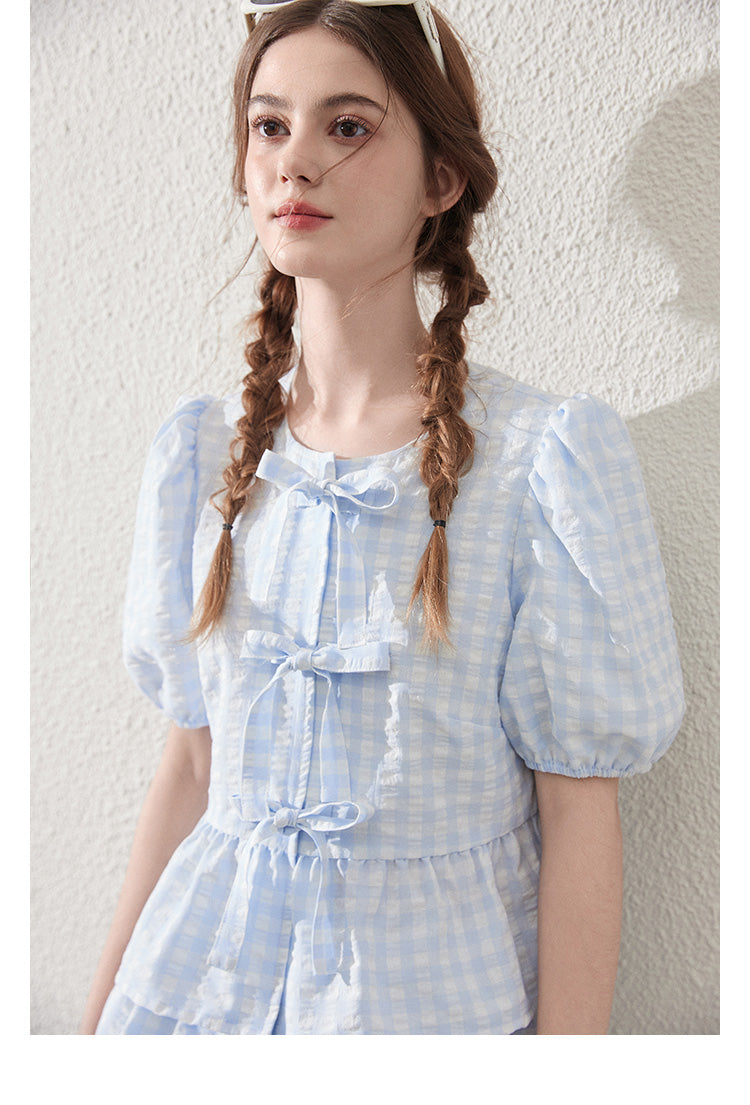 Tie-Front Seersucker Gingham Blouse And Skirt