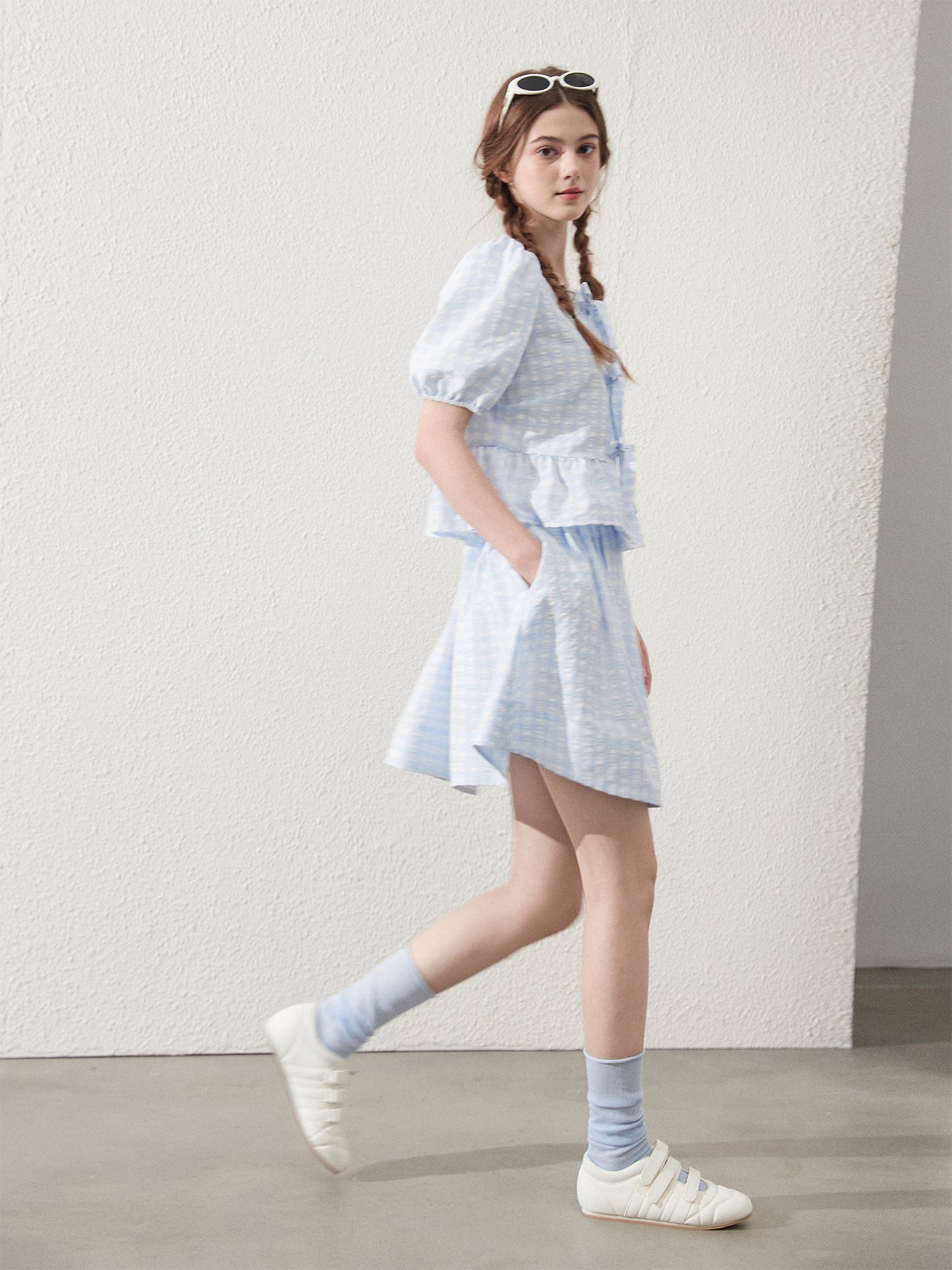 Tie-Front Seersucker Gingham Blouse And Skirt