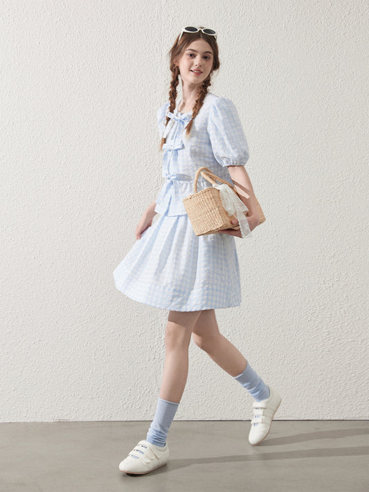 Tie-Front Seersucker Gingham Blouse And Skirt