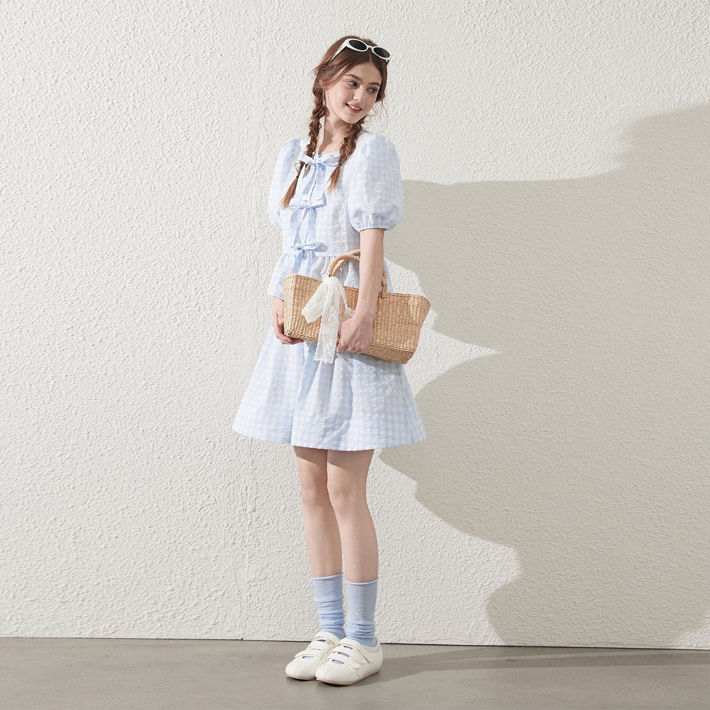 Tie-Front Seersucker Gingham Blouse And Skirt