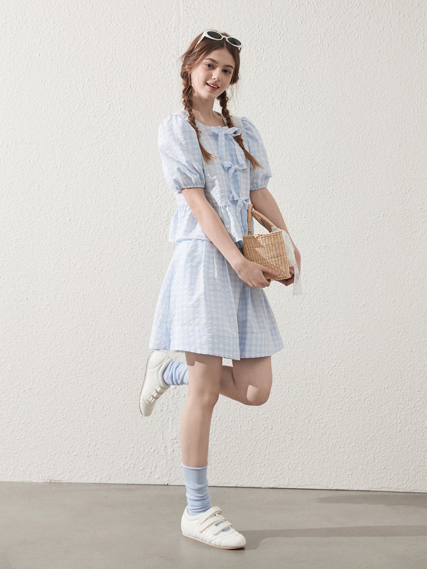 Tie-Front Seersucker Gingham Blouse And Skirt