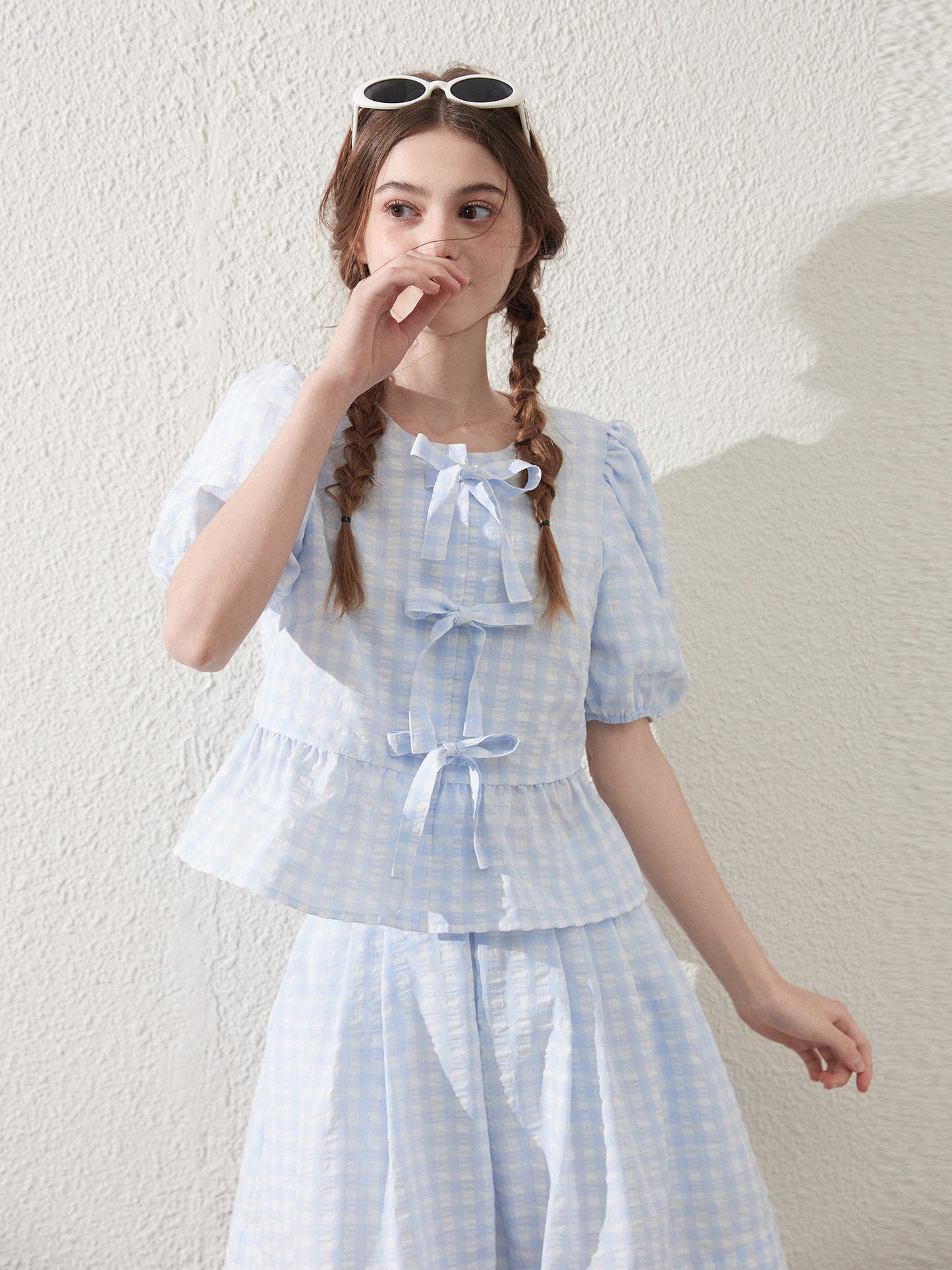 Tie-Front Seersucker Gingham Blouse And Skirt