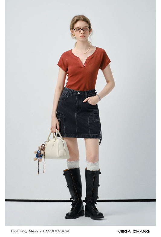 High-Waist A-Line Washed Denim Skirt