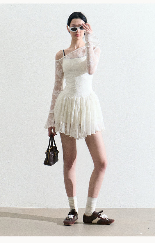 One Shoulder Sheer Lace Dress And Under Dress Set