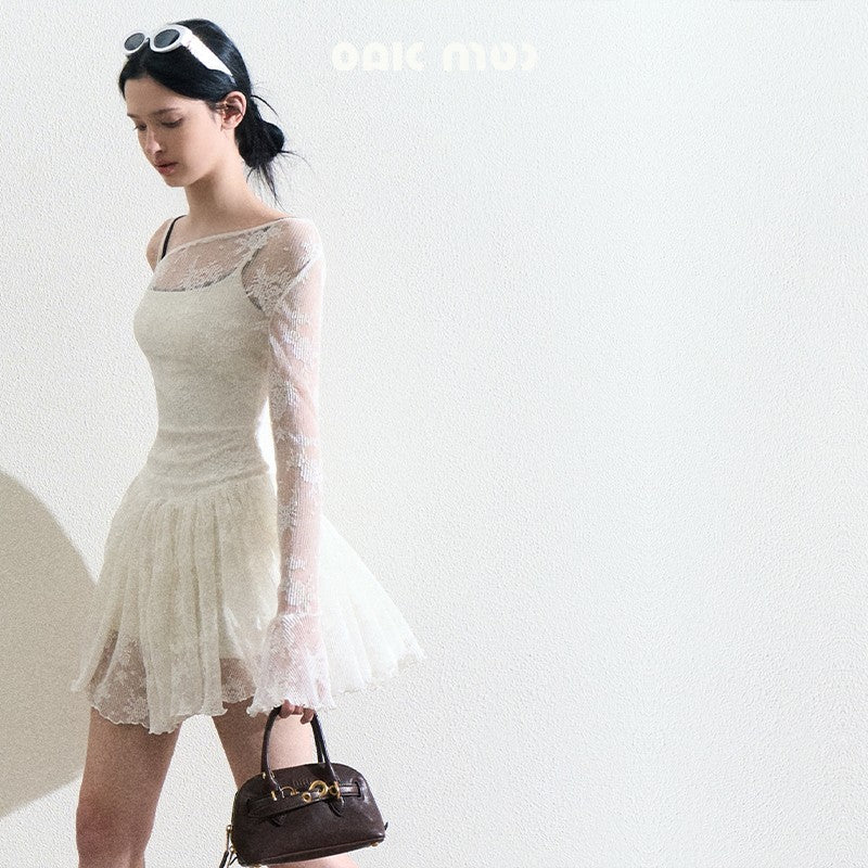 One Shoulder Sheer Lace Dress And Under Dress Set