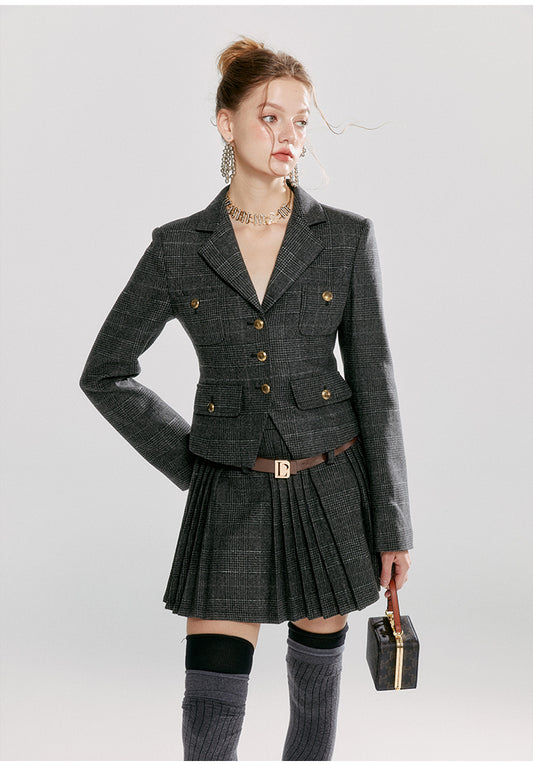 Tailored Blazer And Pleated Skirt With Dropped Belt Loops
