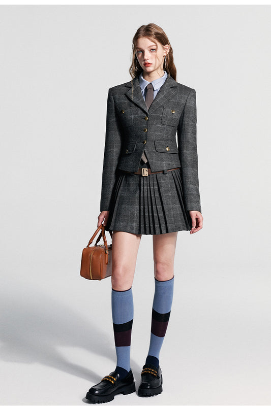 Tailored Blazer And Pleated Skirt With Dropped Belt Loops