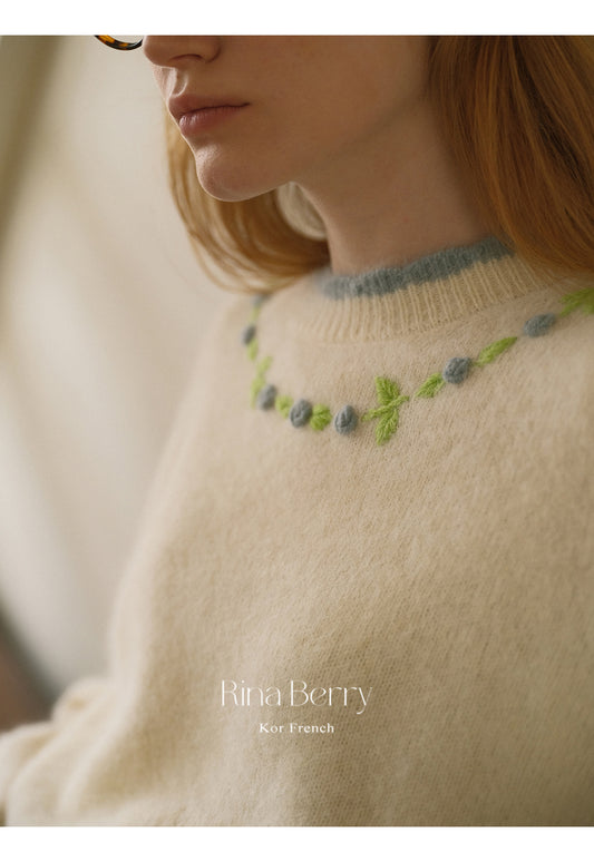 Wool Blend Scalloped Sweater With Floral Neckline