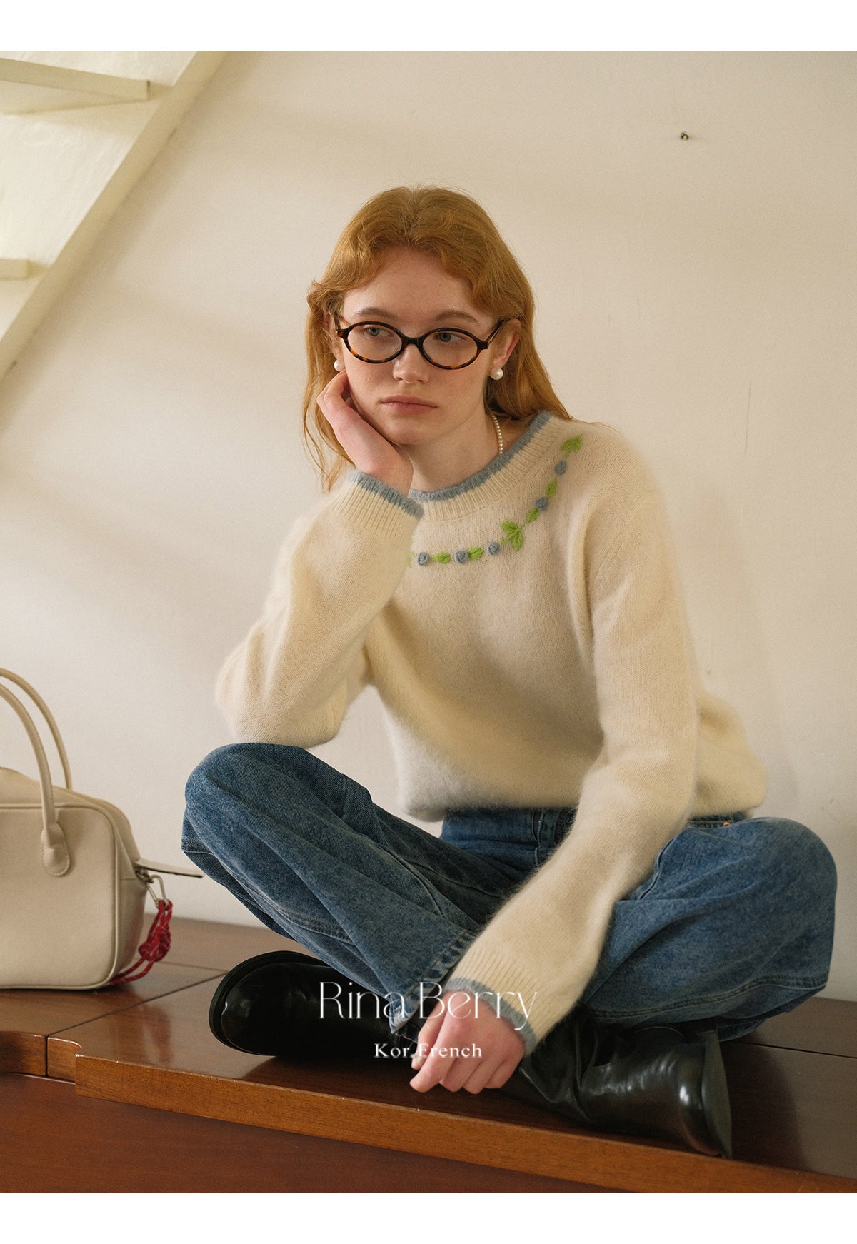 Wool Blend Scalloped Sweater With Floral Neckline