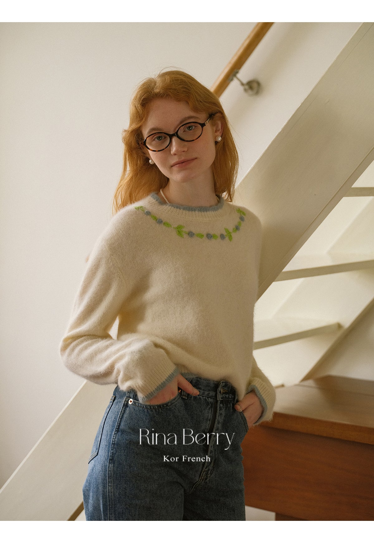 Wool Blend Scalloped Sweater With Floral Neckline