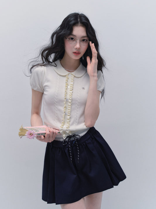 Peter Pan Collar Ruffled Front Knit Top